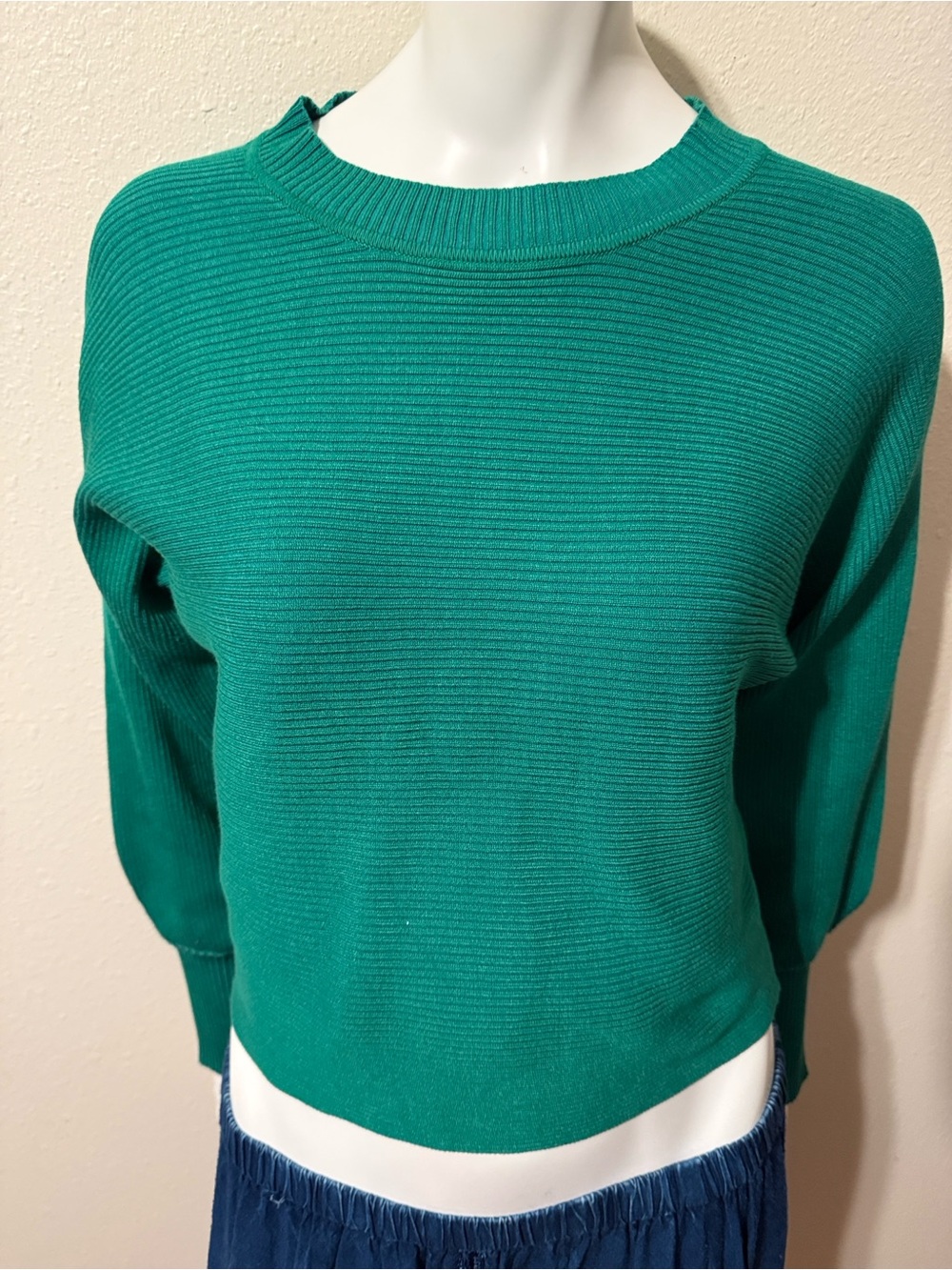 Pink Rose Teal Green Ribbed Crewneck Sweater